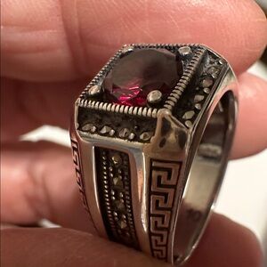 Sterling Silver Men’s Garnet Accent Ring - Red Stone size 10